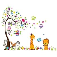 Rainbow Fox Kids Jungle Theme Wall Decals Colorful Owl Giraffe Lion Tree Decorative Unisex Wall Sticker for Children Bedroom, Nursery, Playroom