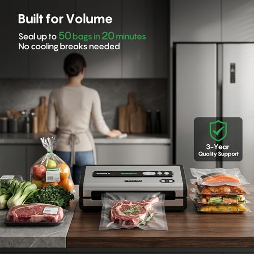 FRESKO Automatic Vacuum Sealer for Food, Hands-Free Operation Food Sealer, Continuous Seal 50 Bags in 20 Mins, Built-in Cutter & Roll Storage, Powerful Suction for Meal Prep & Bulk Food Storage