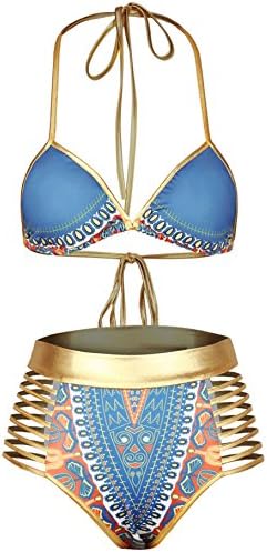 Nine Town Women Halter Neck High Waist Metallic Swimsuit African Print Bikini Set Swimwear