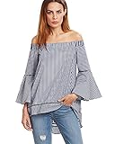 StyleDome Women Striped Off Shoulder Elegant Long Flare Bell Sleeve Shirts Off Loose Blouse Tops Dark Blue XXL