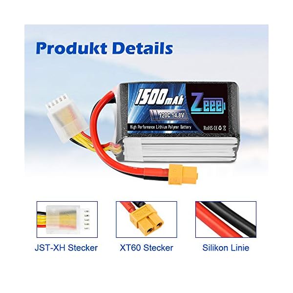 Zeee 4S LiPo Akku 1500mAh 14,8V 120C mit XT60 Steck für UAV Drones FPV Rennrad Quadcopters Flugzeug Hubschrauber RC Boot… – Bild 4