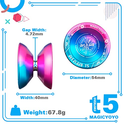 YOSTAR Yoyo Professional Unresponsive Yo-yo T5 Plus Overlord, Aluminum Alloy Metal Yo yo, Enter Level Trick yoyo for Beginner, with 6 Yoyo Strings, Yo-Yo Bag, Glove (Blue Pink Gradient )