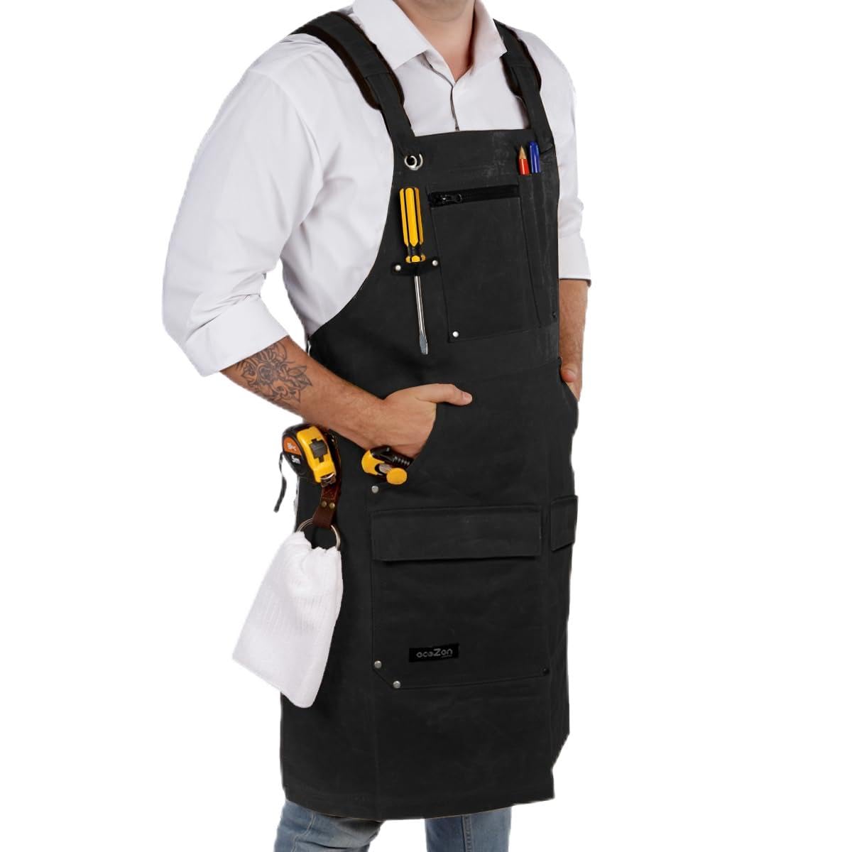 ecoZen Lifestyle Men's Carpenter Apron - Heavy Duty Waxed Canvas Workshop & Woodworking Tool - Fully Adjustable S-XXXL - Woodworking Tools - Aprons for Men