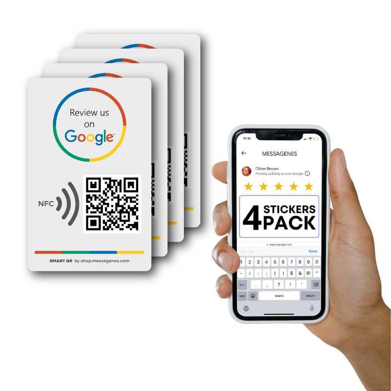 MESSAGENES Reusable Review Tap Sticker for Google - 4-Pack - QR & Tap NFC - Boost Reviews - Grey, Minimalist Rectangular Sticker for Indoor Use