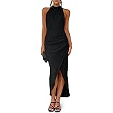 Fisoew Womens Halter Neck Party Dress Sleeveless Slit Textured Backless Sim Fit Ruched Sexy Midi Cocktail Dresses