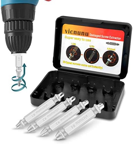 4 Piece Damaged Screw Extractor Remove Set by Vicnunu, Stripped Screws and Broken Bolts Easy-Out Removers, Made From H.S.S. 4341#, 63-65HRC Hardness, 4-Piece Stripped Screw Extractor Kit