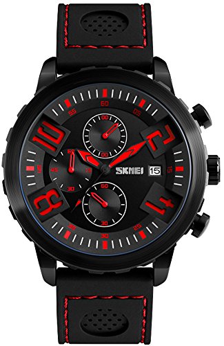 New Fashion Multifunctional Sports Watches Men 30M Waterproof Calendar Quartz Wristwatches Silicone Strap Watch (Red)