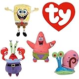TY Beanie Babies Set of 4- Sponge Bob Square Pants and Patrick Star, Mr. Krabs, and Gary the Snail