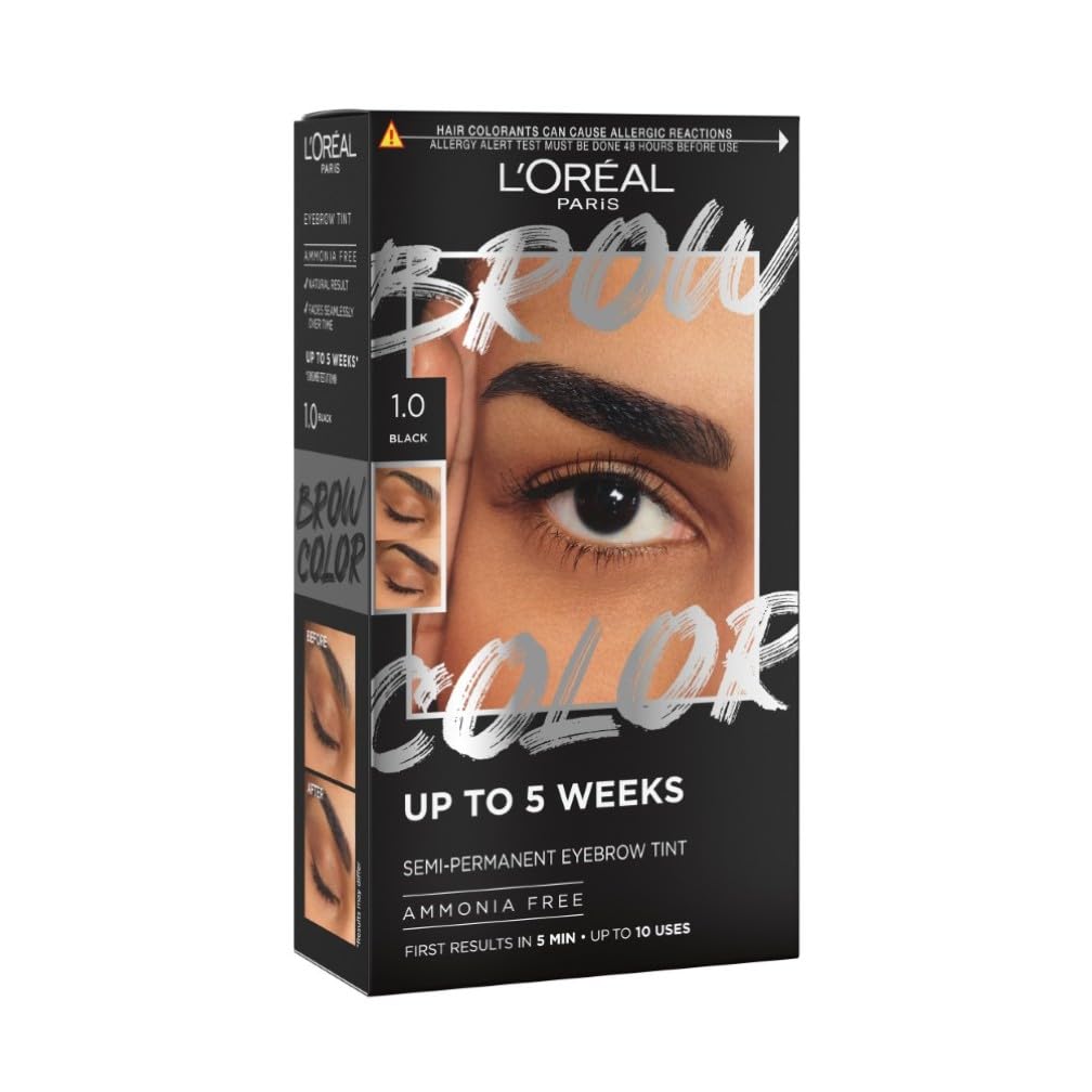 L'Oréal Paris, Semi-Permanent Eyebrow Tint, Lasts up to 5 Weeks, Visible Results in 5 Minutes, Up to 10 Uses, Ammonia Free, Brow colour, Shade: 1.0 Black