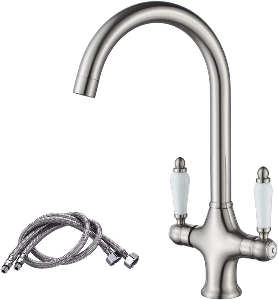 XBMY Kitchen Sink Taps,Modern Ceramic Dual Lever Chromr Brass Kitchen