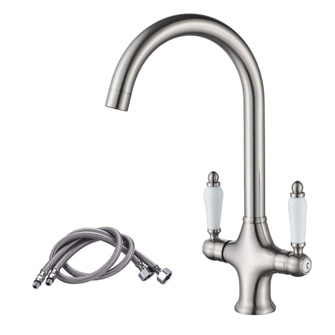 NewEast Kitchen Taps,Dual Lever Brushed Nickel Kitchen Mixer Sink Tap with 360 Degree Swivel Spout and Flexi Hoses