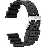 WOCCI 20mm Ventilated Watch Band for Men, FKM Rubber, Silver Buckle (Black)
