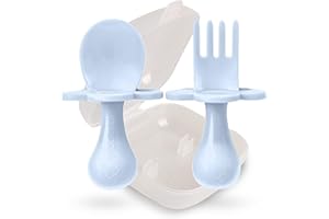 Grabease Baby Spoon & Fork Set with Case - Ergonomic Baby Utensils for Tiny Hands - Short Spoons for Self-Feeding - Training Fork for Toddlers - Ice Blue, Pack of 1