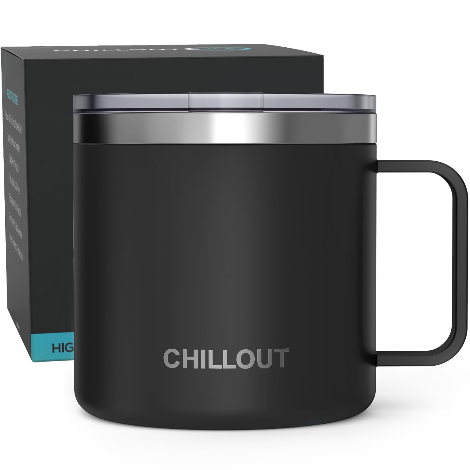 CHILLOUT LIFE 16 oz Stainless steel Vacuum Insulated Coffee Mug with Handle and Lid, Large Thermal Camping Coffee Mug Cup with Durable Sliding Lid for Men & Women - Keeps your Beverages Hot and Cold