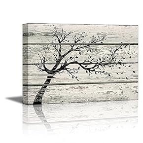 Canvas Prints Wall Art - Artistic Tree with Leaves in Black and White on Vintage Wood Background Rustic Home Decoration - 12" x 18"
