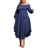 Plus Size Formal Dresses for Women Off Shoulder Long Sleeve Boat Neck Irregularly Flowy Midi Church Dress