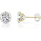 14k Yellow Gold Solitaire Round Cubic Zirconia Stud Earrings with Silicone Pushbacks