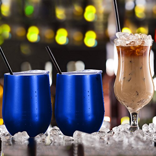 Skylety 12 oz Double-insulated Stemless Glass, Stainless Steel Tumbler Cup with Lids for Wine, Coffee, Drinks, Champagne, Cocktails, 2 Sets (Transparent Blue)