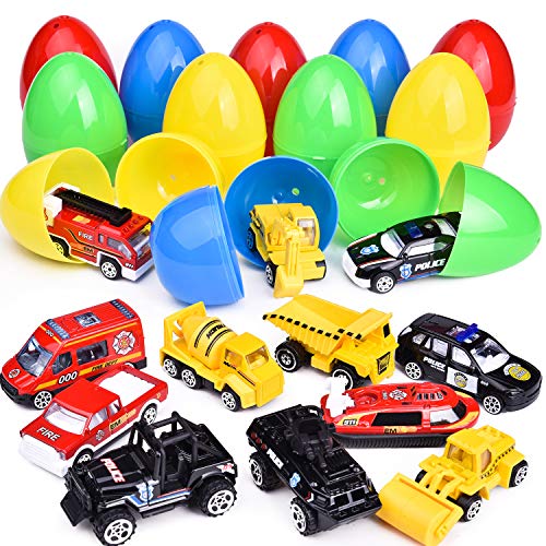 12 PCs Diecast Cars Filled Easter Eggs with Assorted Pull Back Vehicles, Toy Car Easter Basket Stuffers for Kids Party Favors, Easter Eggs Hunt