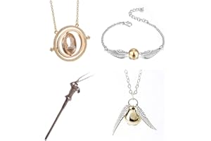 EXPGDC 4PCS Necklace Bracelet Set Magic Theme Golden Necklace Time Turner Magic Wand Wings Design Pendants for Women's, Men, Girls, Boys, Unisex Jewelry Gift Set