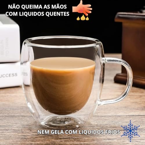 kit 6 xicara de café de vidro transparente conjunto de canecas de cha de vidro isolado de parede dupla com alça 250 ml para café expresso latte