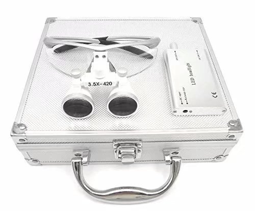 MKDental 3.5x 420mm Working Distance Surgical Binocular Loupes Optical Glass with LED Head Light Lamp+Aluminum Box Silver