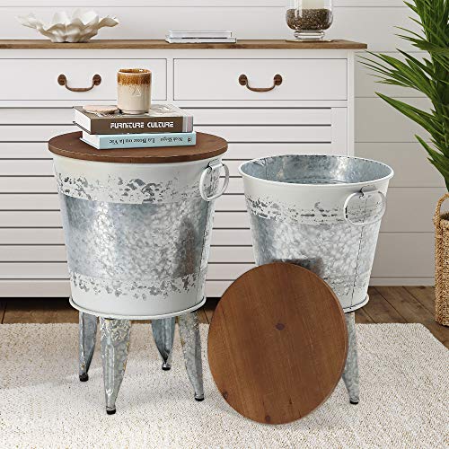 Rustic Storage Farmhouse Accent Side Table, Antique Galvanized Metal End Coffee Cocktail Table