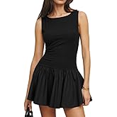 FWSAM Women Sexy Crew Neck Flared Ruffle Hem Mini Dress Summer Sleeveless Slim Fit Solid Flowy A-Line Short Dresses