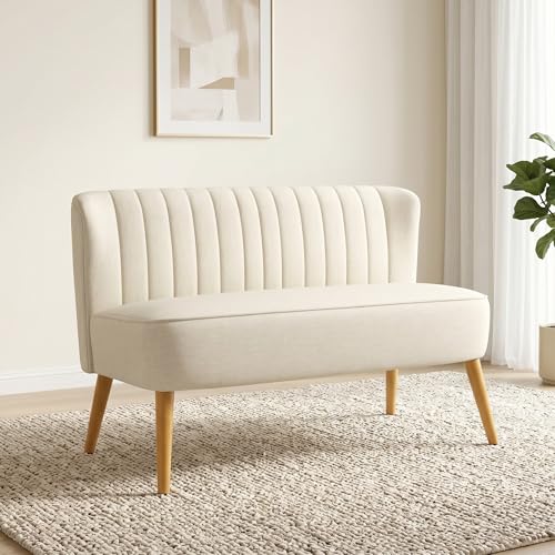 HOMCOM 46" Loveseat Sofa, Linen Fabric 2 Seater Sofa Couch with Thick Padded Seat and Rubber Wood Legs, Upholstered Small Couch for Living Room, Home Office, Cream White