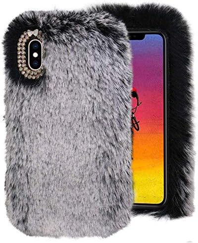 Wihoo Case for iPhone XS Max,Luxury Crystal Bling Case FLuffy Artificla fur Cover [Supports WIreless Charging] for 6.5 inch iPhone Xs Max,Gray