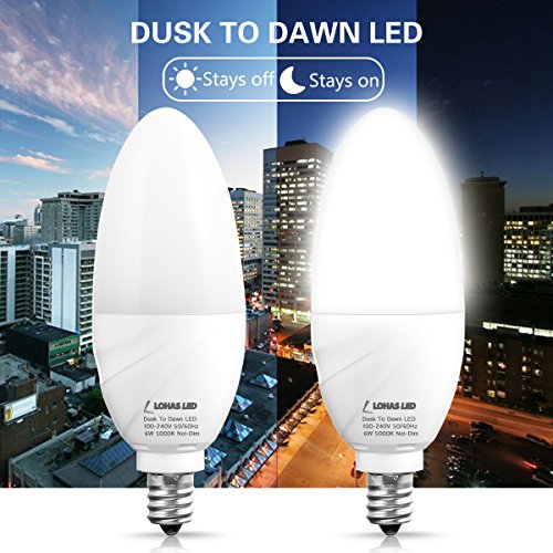 LOHAS E12 LED Bulb, Light Sensor Candelabra Bulb, Dusk to Dawn Light Bulb, 6W(60W Equivalent), Daylight White 5000K, Candelabra Base, Night Light, Security Light LED Candle Bulb, Not Dimmable, 2 Packs