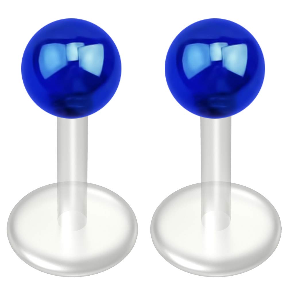 2pc AB Blue Labret Bar 16g 1.2mm Studs Flexible Bioplast Clear Plastic Bioflex Monroe Lip Piercing Jewellery 6mm