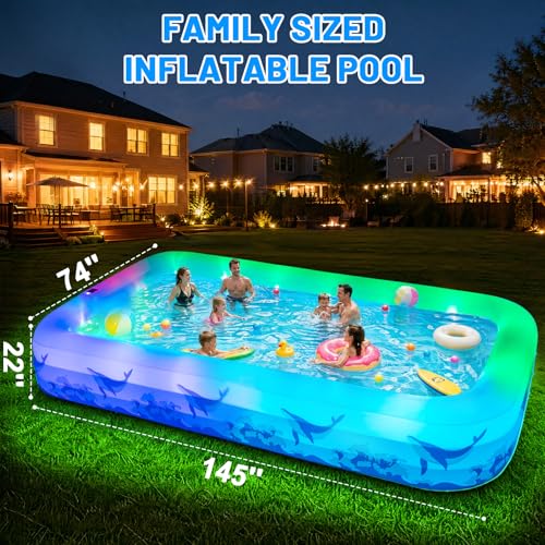 Large Inflatable Swimming Pool with Light, 12FT X 6.2FT Solar Blow Up Pool Inflatable Pool for Kids Adults, Durable Thickened 7 Color Family Kiddie Pool for Backyard Outdoor