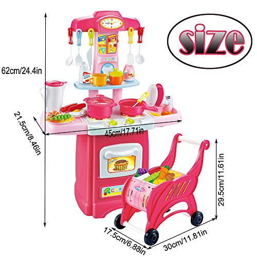Kids Electronic Kitchen Play Set And Shopping Cart Chess Set ,Toddler Kitchen Cooking Set Pink,Kids Kitchen Pretend Play Food For Girls Boys 3-12 Years Old (Multicolor/Ship from US)