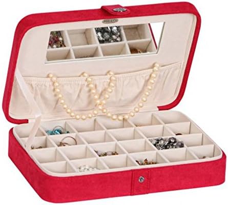 Red Plush Jewelry Organizer Storage Box with 24 Compartments &amp; Mirror For Teen Girls