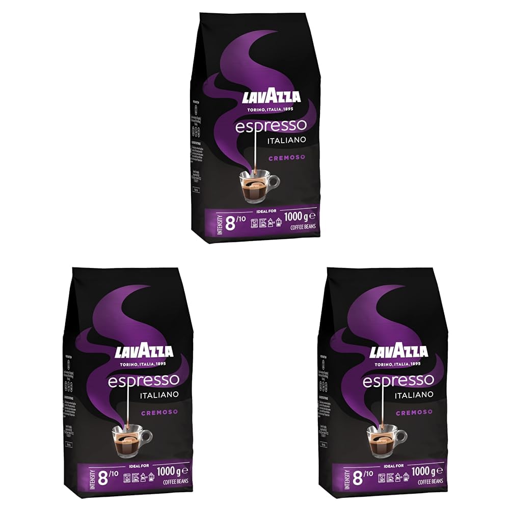 Lavazza, Espresso Italiano Cremoso, Arabica und Robusta Kaffeebohnen, mit Aromanoten von Gewürzen und Kakao, Intensität 8/10, Mittlere Röstung, 1 Packung mit 1 Kg (Packung mit 3)