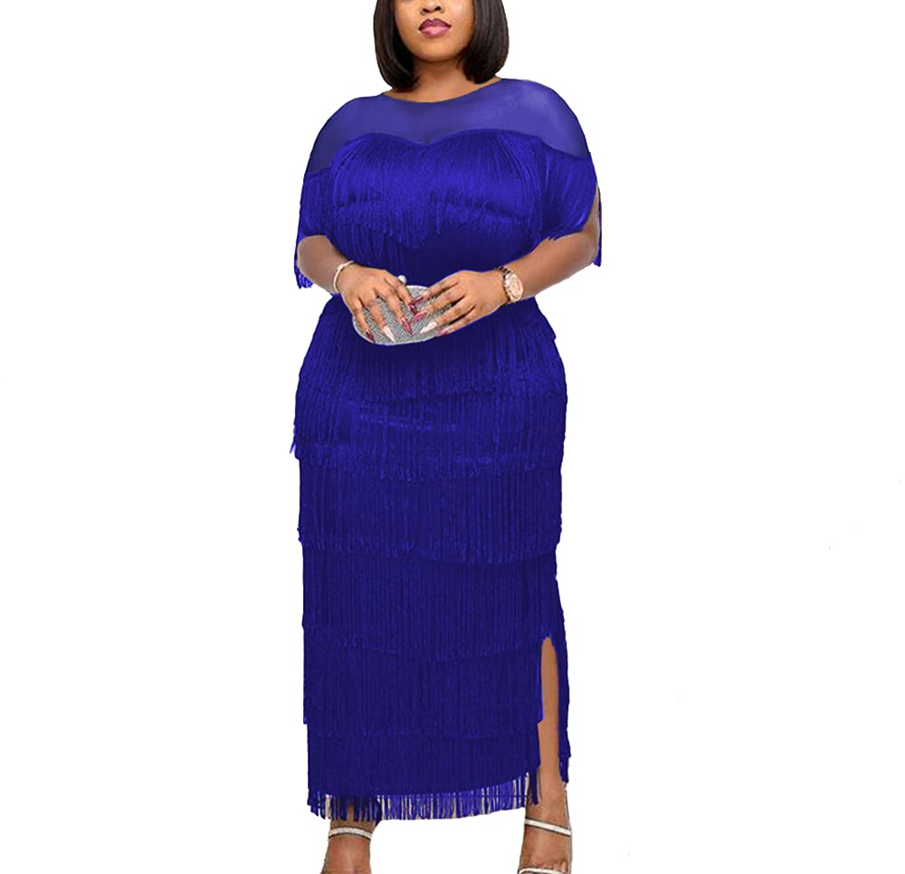 Photo 1 of AOMEI Women's Blue Mesh See Through Crewneck Patchwork Tassel Tiered Fringe Long Dress (1XL,X-Large)