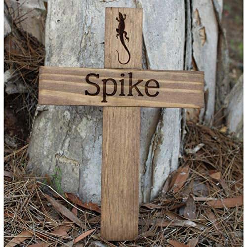 Personalized Pet Name Memorial Cross Wood Burial Grave Marker Lizard, Dog, Cat