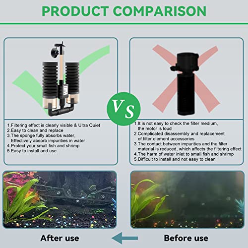 TOHIDAQU Aquarium Internal Sponge Filter 4W 80GPH Fish Tank Power