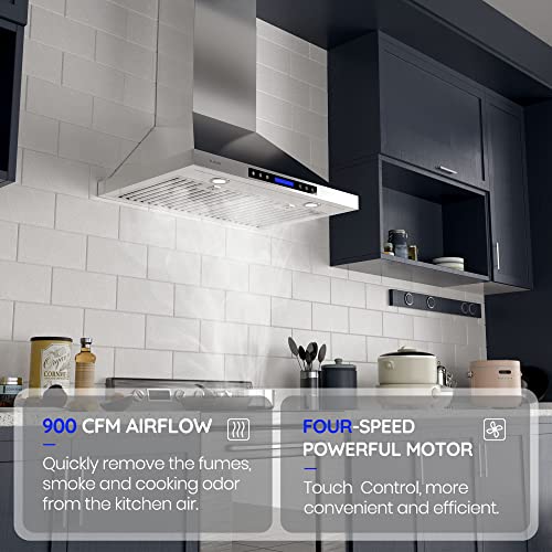 Range Hood, EKON Wall Mount Hood 900 CFM Kitchen Hood Vent 4 Speeds
