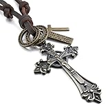 INBLUE Men's Alloy Genuine Leather Pendant Necklace Jesus Christ Cross Adjustable