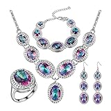 J.MOSUYA 925 Sterling Silver Plated Jewelry Sets for Women Rainbow Mystic Topaz Ring Earring Necklace Set