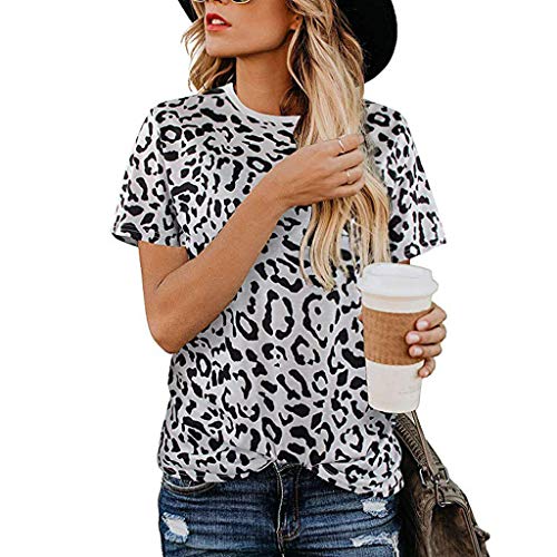 Cenglings Women Casual O-Neck Leopard Printed Short Sleeve T-Shirt Loose Patchwork Tops Party Office Work Blouse Gray