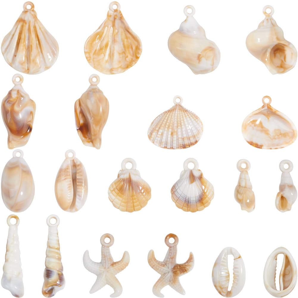 SUNNYCLUE 1 Box 44Pcs Shell Charms Seashell Charms Bulk Summer Acrylic Spiral Starfish Conch Cowrie Ocean Sea Life Shell Penadnts for jewellery Making Necklace Bracelet Earring DIY Craft Beginner