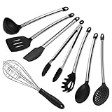 8 Piece Silicone Kitchen Utensil Set, Inox Stainless Steel Cookware Set, Kitchenware Cooking Utensils, Pasta Server, Serving Spoon, Turner Spatula, Whisk, Ladle, Strainer, Tongs