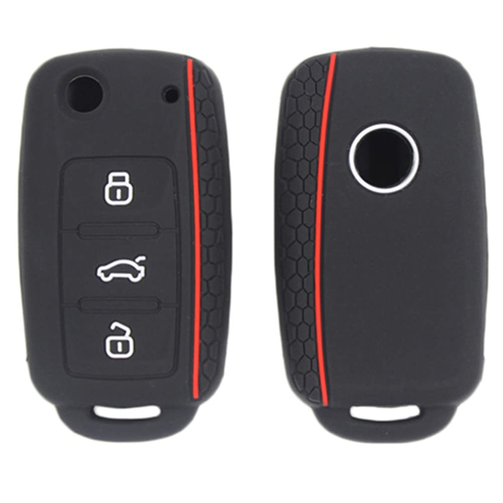 Otai Silicone Car Key Cover Case Compatible with vw Golf Jetta Skoda Soft Key Shell Buttons (Red Line)