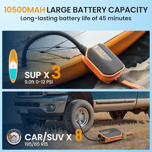 TowerTop Sup Pumpe Akku: 10500mAh Akku Pumpe für Auto/SUP, 50 PSI Stand Up Paddle Pumpe, 12V DC Zweistufenpumpe (Auf- und Ablassen) mit 8 Düsen für Paddleboards, aufblasbare Artikel, Kajaks und Autos