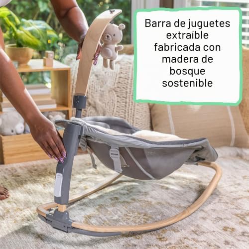 , Asiento Mecedor 2 en 1 Every Season, Tejido Apto para Frío y Calor, Barra de Juguetes Desmontable Hecha de Madera Sostenible, Música, Vibración, 0-30 Meses, Gris