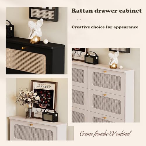 New retro rattan shoecabinet, freestanding 6-drawer entrance shoe cabinet, large capacity narrow shoe cabinet rattan design, office living room cabinet (WHITE)