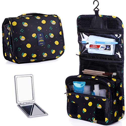 LAKIBOLE Hanging Toiletry Bag with Travel Mirror, Multifunction Cosmetic Bag Portable Makeup Pouch Waterproof Travel Hanging Organizer Bag for Women Girls (Navy Blue & Lemon)